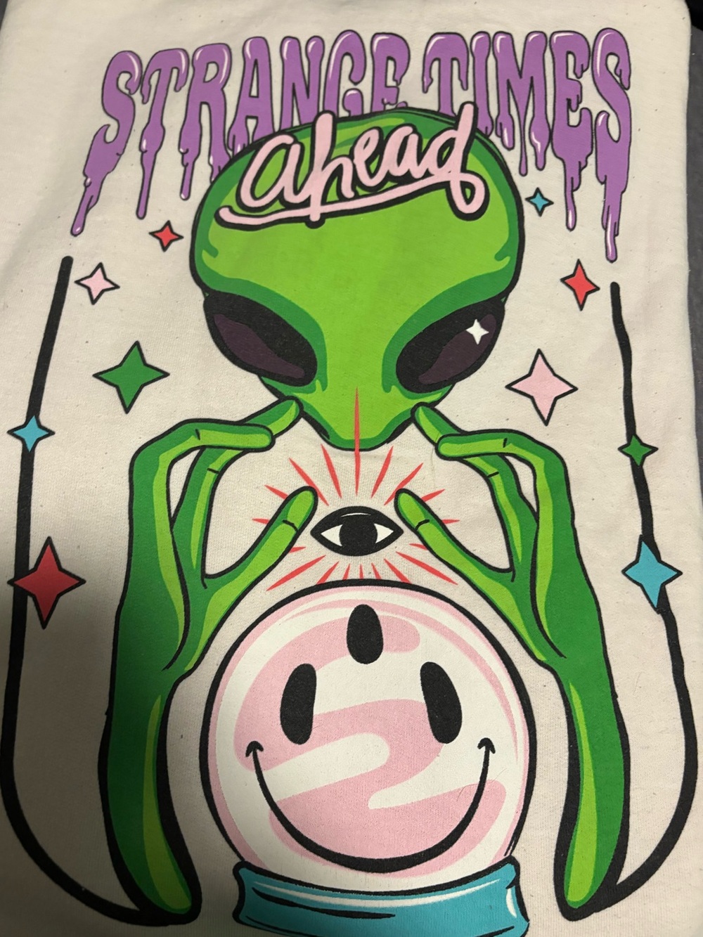 2 for $10- Strange Times' White Hoodie with Large Alien Graphic on Back